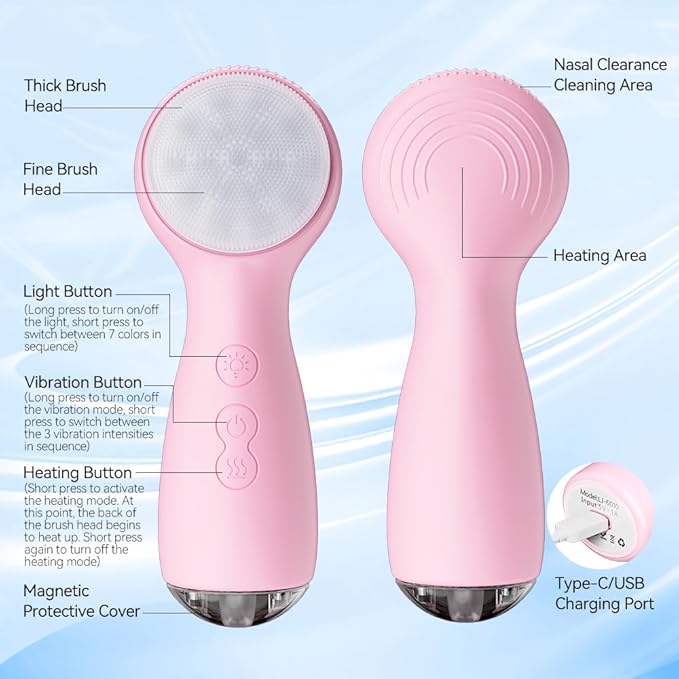Facial Cleansing Brush, Face Scrubber, Electric Face Brush with 7 Colors, Rechargeable Waterproof Exfoliator with Heat and Vibration, Deep Cleansing and Massage for Men and Women(Pink)