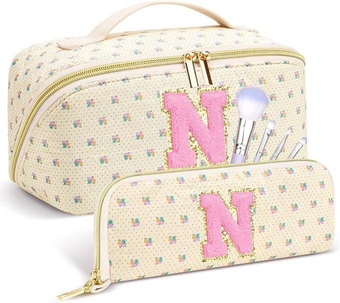 Personalized Travel Makeup Bag Set, Initial Travel Cute Floral Makeup Organizer Bag, Beige Toiletry Skincare Cosmetic Bag, Valentine’s Day Gifts for Women/Girls, Open Flat Toiletry Pouch Brush Bag