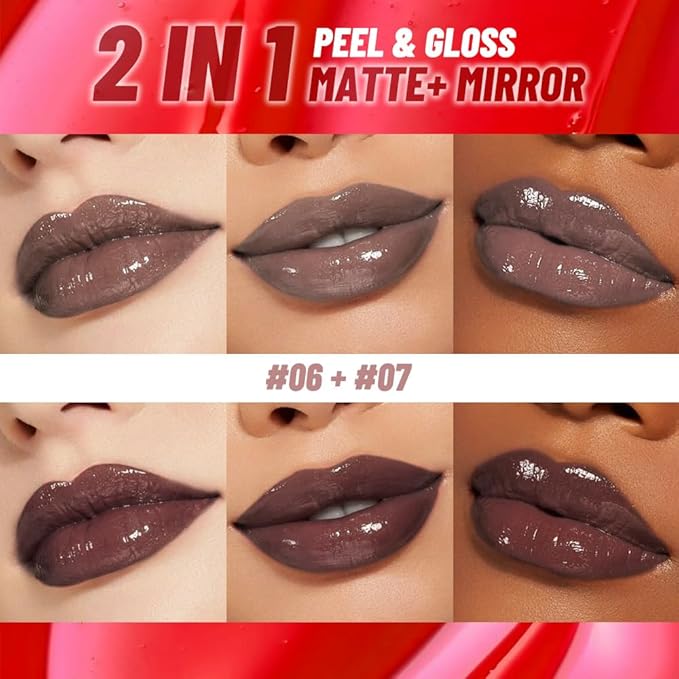 JUAAZIN 2Pcs Lip Stain Peel Off Lip Gloss oil Dual-Ended Combo, Lips Liner Stain Peel Off Masque, Long Lasting & Waterproof, Transfer-Proof Lip Tint Stain with Lip oil for All Skin Type 06#+07#