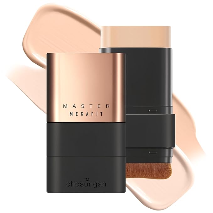 Mega Fit Master Glow Stick Foundation with Brush, 120H Long Lasting Radiant Coverage, All-in-One Stick for Easy Application, K-Beauty, Shade 19-21, 0.56oz (00C Fair)