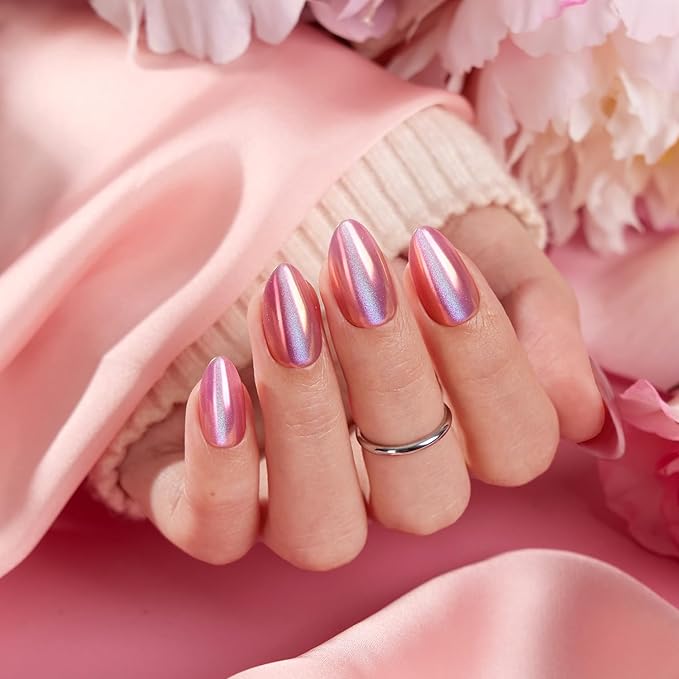 VSALON Press on Nails Short Almond - Pink Cat Eye Chrome Nails Kit for Women, Halloween Reusable Aurora Effect Opaque Gel Fake Nails with Glue & Cuticle Oil - 32 PCS Stick On Nails in 16 Sizes