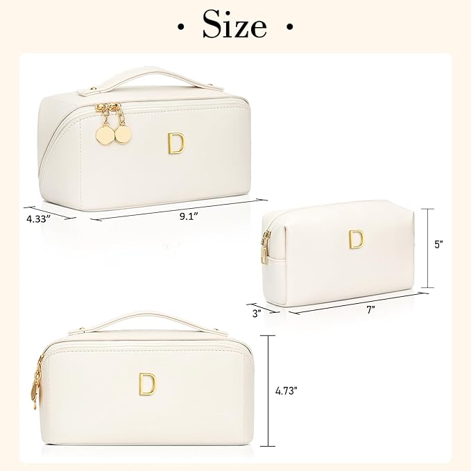 Birthday Gifts for Women Teen Girl, Personalized Initial Makeup Organizer Bag Set, Open Flat Travel Cosmetic Bag With Clear Divider and Handle(Beige,D)