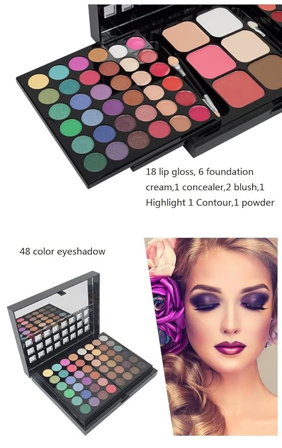 All-in-one Makeup Palette - 48 eyeshadow Palette,18 Lipstick palette,2 blush,1 concealer,2 Contour,1 powder,4 brushes With Mirror,Suitable for girls, beginners and professionals makeup gift set