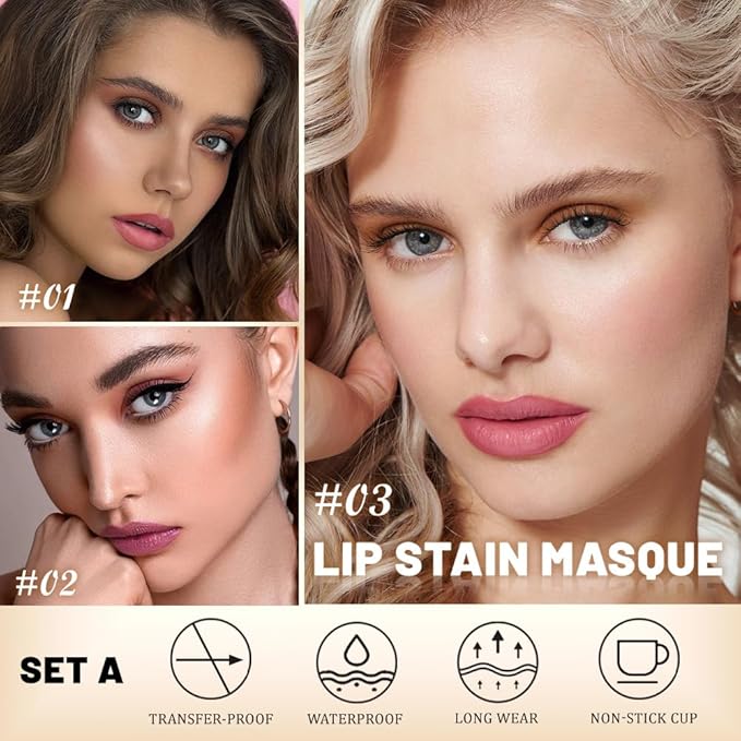 JUAAZIN 3Pcs Peel Off Lip Stain Tattoo with Tweezer - Matte Peel Off Lip Tint, Long Lasting Waterproof Transfer-Proof Lip Stain,Cruelty-Free Lip Masque for All Skin Types,Valentine's Day Gift 01+02+03