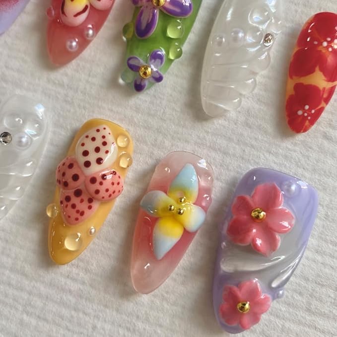 Medium Almond Handmade Unique Fake Nails, Artistic Design, Press On Nails Thick Acrylic and Muti-Layer Gel False Nails, Reusable 3D Fake Nails,DIY Art Decorate-M size