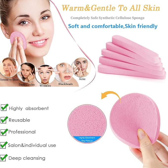 Mgiflw Compressed Facial Sponge,Reusable Makeup Blender 60 Count,Soft Round Wash Sponges for Estheticians Makeup Removal,Face Cleansing Exfoliating Compress Spa Pads for Women,Pink