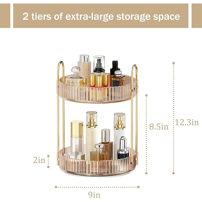 MOKANI 360 Rotating Makeup Organizer for Vanity, 2 Tier Adjustable Perfume Organizer for Dresser, Multi-Function Spinning Cosmetics Skincare Storage for Bedroom, Dresser, Countertop, Amber