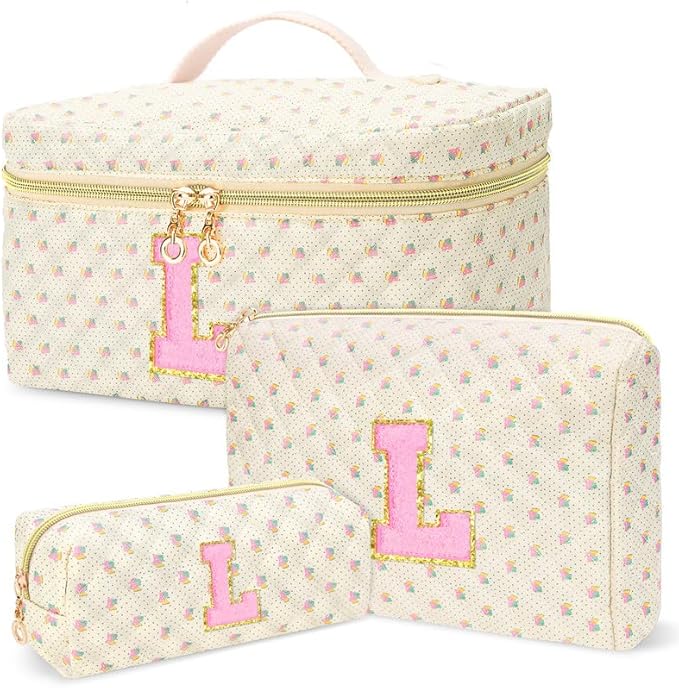 3 PCS Travel Makeup Bag Set, A–Z Initials Cotton Quilted Cosmetic Bag for Women & Preppy, Personalized Toiletry Bag Travel Accessories Makeup Brushes Organizer, Valentine’s Day & Birthday Gift for Her