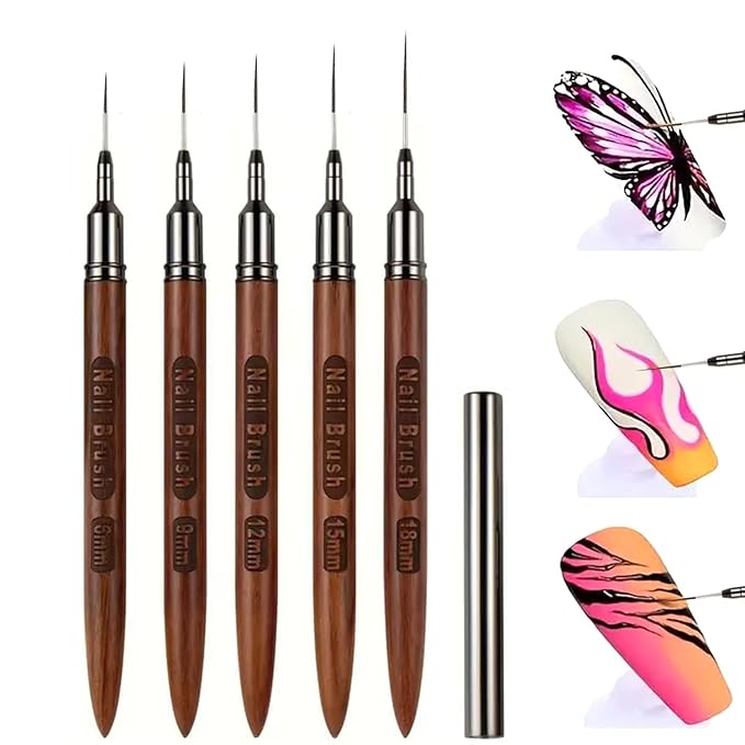 DAIXIANGER 5Pcs Nail Art Brushes, Wooden Liner Brush Set with Storage Tube, UV Gel Polish Painting Tool for Long Lines, Thin Details, Fine Drawing, Sizes 6/8/12/15/18mm-Natural