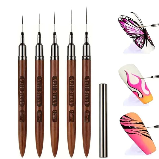 DAIXIANGER 5Pcs Nail Art Brushes, Wooden Liner Brush Set with Storage Tube, UV Gel Polish Painting Tool for Long Lines, Thin Details, Fine Drawing, Sizes 6/8/12/15/18mm-Natural