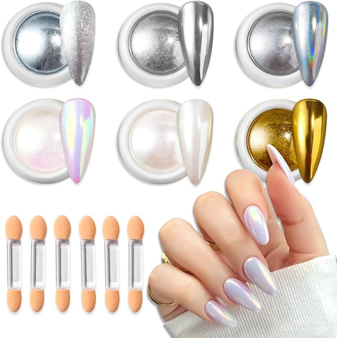 6 Colors Chrome Nail Powder,Gold Silver Super Metallic Effect Chrome Powder for Nails,Holographic Mirror Glitter White Pearl Pigment Dust Kit for Gel Polish Nail Art Decoration Manicure Nail Supplies