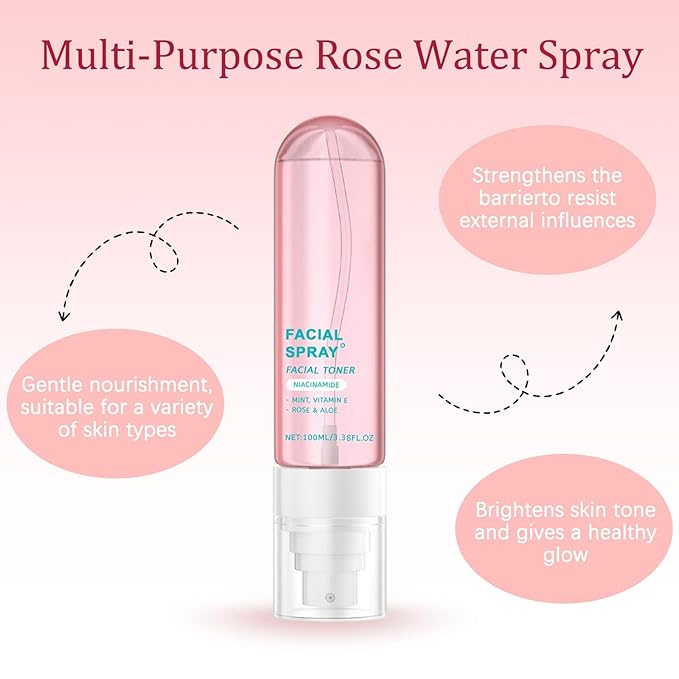 Nicotinamide Facial Spray with Rose, Aloe Extract & Vitamin E, Deep Hydration, Smooth and Hydrated Skin for All Skin Types, 3.38 fl oz