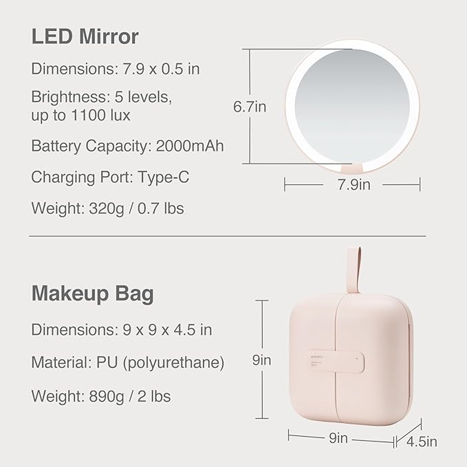 AMIRO M2 Cude Travel Makeup Bag with 5 Level Brightness & 3 Color LED Mirror, Portable Makeup Artist Organizer, Pink