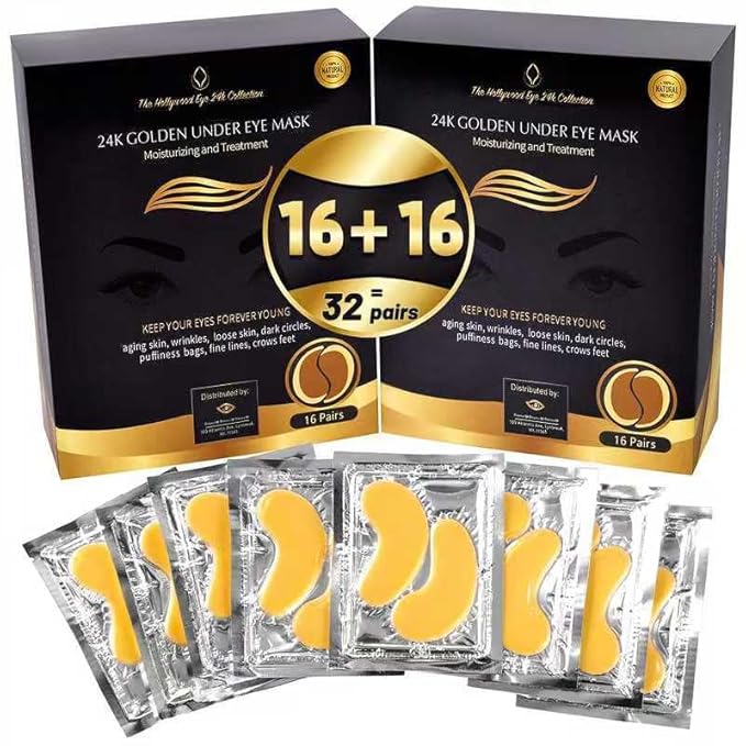 24K Gold Under Eye Patches – Eye Masks for Puffy Eyes & Dark Circles, Under Eye Treatment for Hydration & Brightening, Eye Care Skincare – 32 Pairs