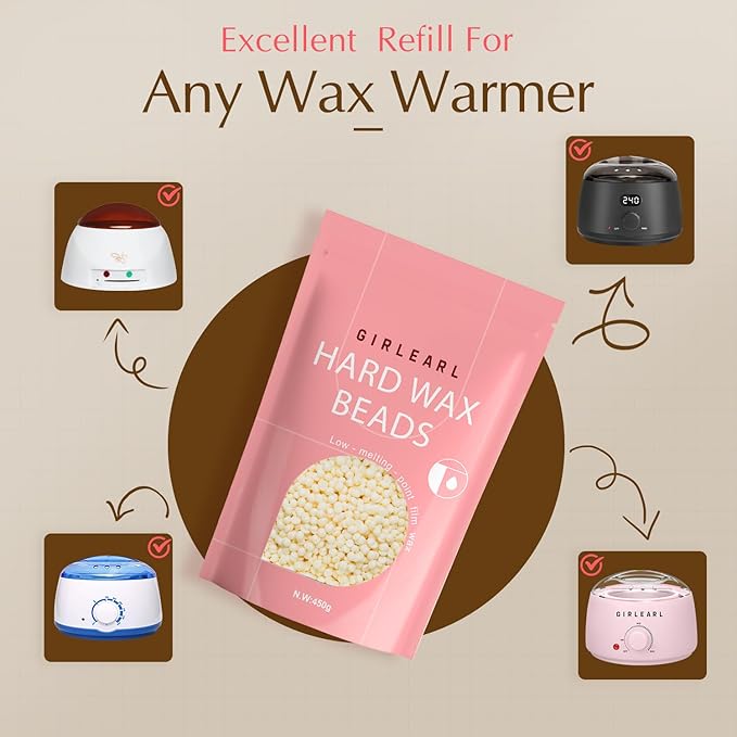 GIRLEARLE Hard Wax Beads, 1lb Wax Beans for Hair Removal, Hard Wax for Sensitive Skin at Home, Wax Refill Perfect for Eyebrow, Facial, Brazilian Bikini, Legs and Full Body for Women and Men (Cream)