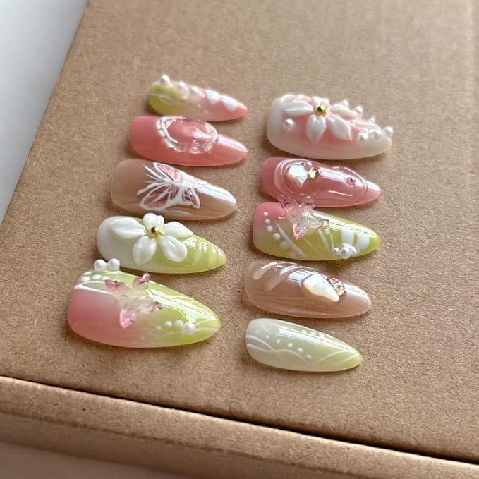 Press On Nails Medium Almond Shape - 3D Handmade Acrylic Gel Fake Nails with Glitter Designs, Reusable Thick Almond Nails for Women DIY Manicure Kit (10PCS, L Size, Easy Application)