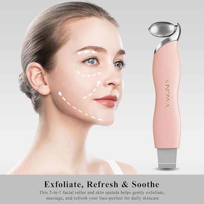 Vangines Blackhead Scraper Tool & Skin Scrubber Face Spatula for Blackhead Removal, Pore Cleaning, with Cooling Ice Roller & 2 Silicone Brush Heads (Dusty Rose)