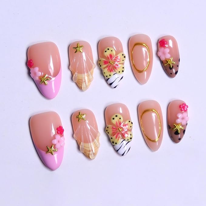Spring Press On Nails - Maglfell Medium Almond 3D False Nails Women Reusable Finger Printed Nail Tips French Salon Design Artificial nails press ons