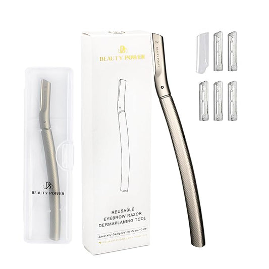 Beauty Power Eyebrow Razor with 6 Blades & Travel Case – Face Razors for Women & Men, Eyebrow Trimmer Shaper with Precision Cover, Facial Shaver & Dermaplaning Tool for Smooth Skin (Silver)