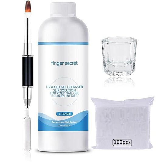 BEVINAS Slip Solution 4Fl.Oz Slip Solution Nail Extension Gel Liquid Slip Solution for Poly Gel Nails with Brush Spatula Glass Cup Nail Cleaning pads Gel Cleanser for Nails