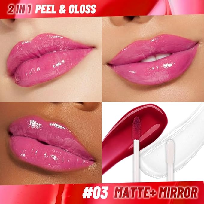 JUAAZIN Lip Stain Peel Off Lip Gloss oil Dual-Ended Combo, Raspberry Peach Lips Liner Stain Peel Off Tattoo, Long Lasting & Waterproof, Transfer-Proof Lip Tint Stain with Lip oil for All Skin Type 03#