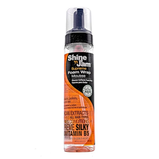 AmPro Shine-n-Jam Supreme Hold Foam Wrap Mousse - Fortified with Silk Proteins - Gives Your Styles Definition - Alcohol-Free Formula Conditions Hair with Provitamin B and African Extracts - 8 oz