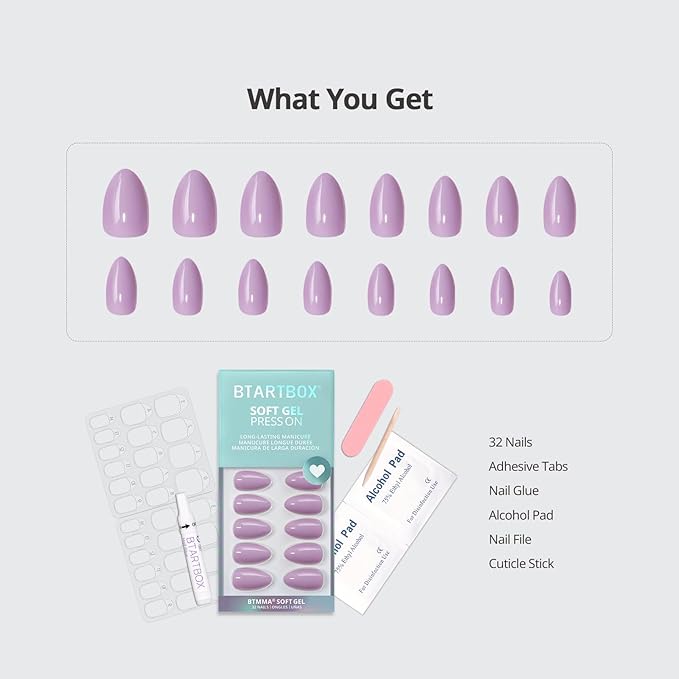 BTArtbox Press On Nails Almond - Lavender Purple Short Press On Nails with Glue for Women, Opaque Soft Gel Glue On Nails in 16 Sizes - 32 Stick On Nails Kit, Orchid Dew