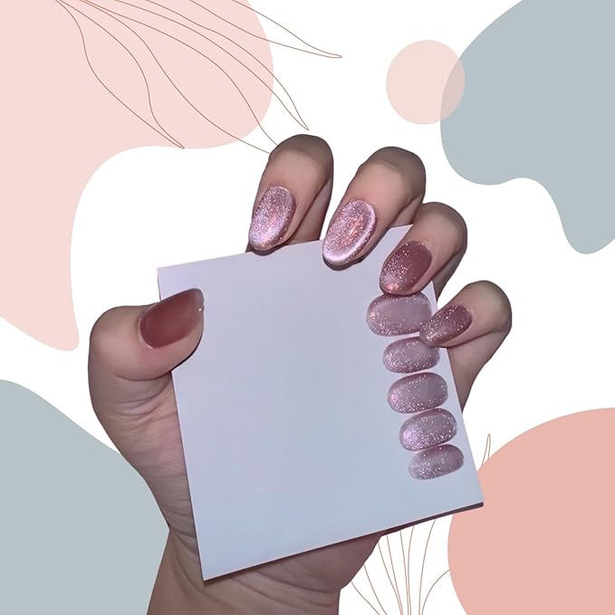 Cat Eye Press on Nails Handmade Short Oval/Square/Round False Nails with French Tip/Aurora/Magnetic Shimmer Designs (Side#Candy Wrapper S)
