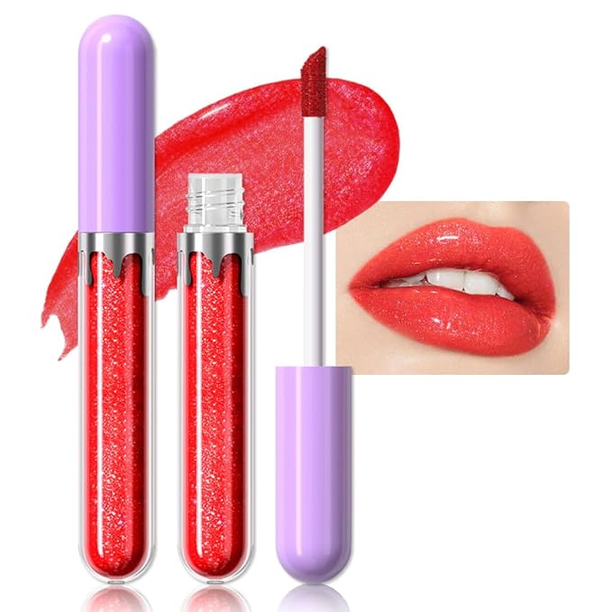 Hxssll Glitter Liquid Lip Gloss,Red Shimmer Lipstick, Waterproof Shimmer Lip Stain Lip Glaze, High Shine Long Lasting Shiny Lip Color Makeup 10#