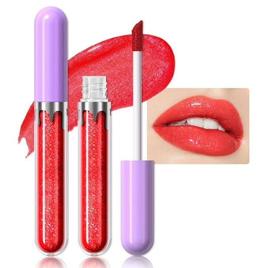 Hxssll Glitter Liquid Lip Gloss,Red Shimmer Lipstick, Waterproof Shimmer Lip Stain Lip Glaze, High Shine Long Lasting Shiny Lip Color Makeup 10#