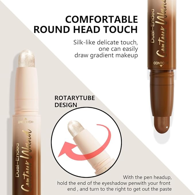 Nuetral Nude + Silver Shimmer Contour Stick Dual Ended Face Body Makeup Waterproof no Transfer, 2 in 1 Cream Concealer Stick Contouring Makeup Kit, Nose Contour Bronzer Sticks Face Highlighter Make up