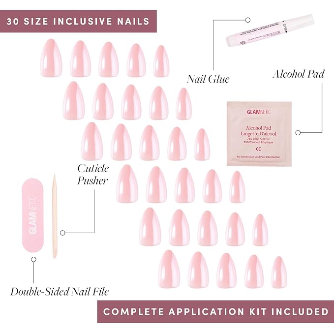 Glamnetic Press On Nails - First Kiss | Short Almond Neutral Pink Nails with a Glaze Finish | 15 Sizes - 30 Nail Kit with Glue