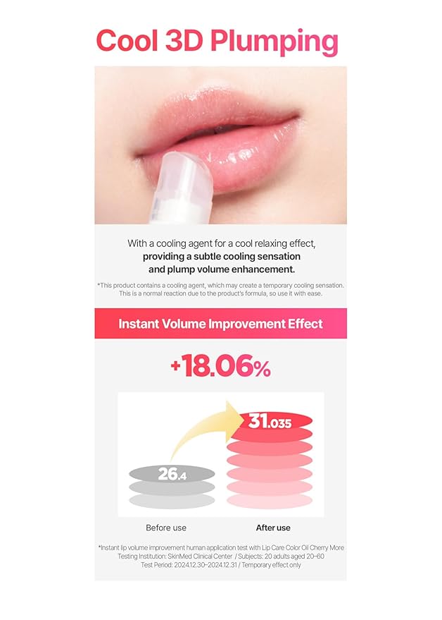 Lip Care Color Oil #Cherry More 0.34 Fl Oz, Vegan Tinted Lip Oil with Jelly Massager for Dry Lips, Hydrating & Cooling Lip Treatment, Long-Lasting Glow & Volume, Korean Lip Oil, BeginS