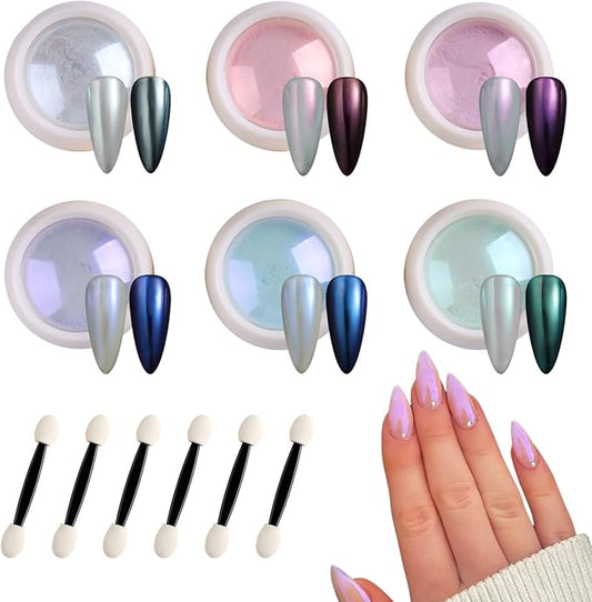 SUTOKAKA Pearl Chrome Nail Powder 6 Colors Metallic Mirror Effect Mermaid Chrome Powder Iridescent Aurora Nail Pigment Glitter Rubbing Dust for Nail Art Decoration Gel Polish