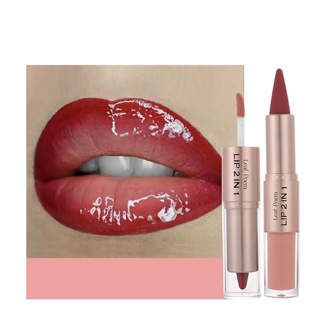 BAISEN DIARY 2-in-1 Double-Ended Matte Lip Liner & Lip Gloss Duo, Warm Rose Red Ombre Lip Combo Pencil, Lip Liner and Lipstick Gloss Set for Defined & Fuller Looking Lips (#10 Warm Rose Red Ombre)