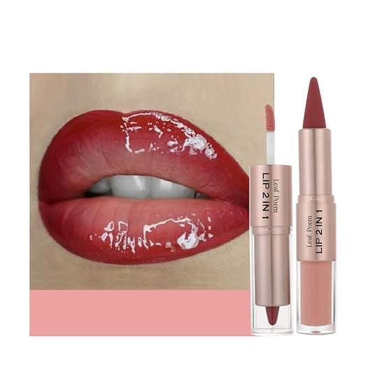 BAISEN DIARY 2-in-1 Double-Ended Matte Lip Liner & Lip Gloss Duo, Warm Rose Red Ombre Lip Combo Pencil, Lip Liner and Lipstick Gloss Set for Defined & Fuller Looking Lips (#10 Warm Rose Red Ombre)
