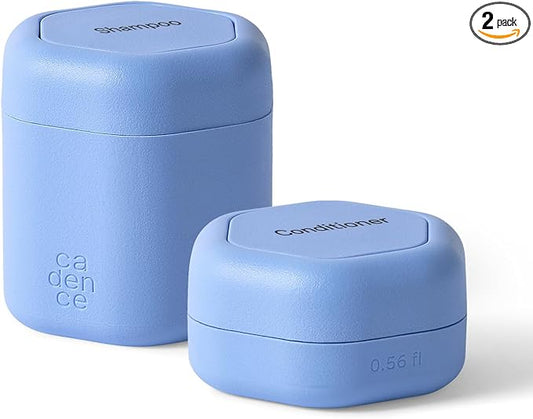 Cadence Travel Containers - 2 Piece Haircare Set - Magnetic Travel Capsules - For Shampoo, Conditioner, Hair Styling Product - 1 Small & 1 Medium Capsule - Shampoo & Conditioner Labels - Pacific
