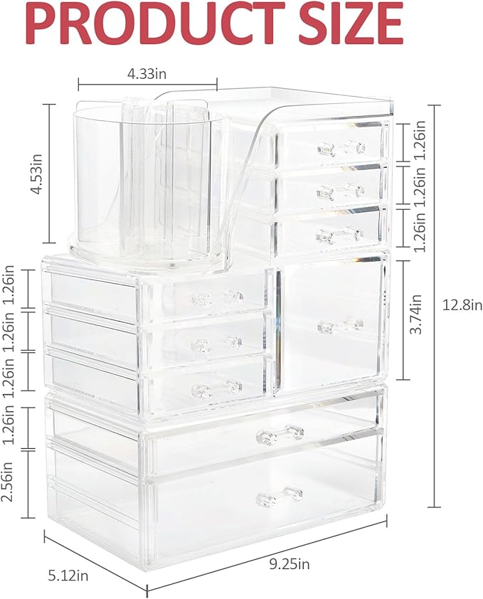 AUOIKK Clear Makeup Organizer with 9 Drawers & Rotating Brush Holder - Large Capacity Cosmetic Display Cases Storage for Vanity, Countertop, Bathroom, Lipstick and Skincare Organization