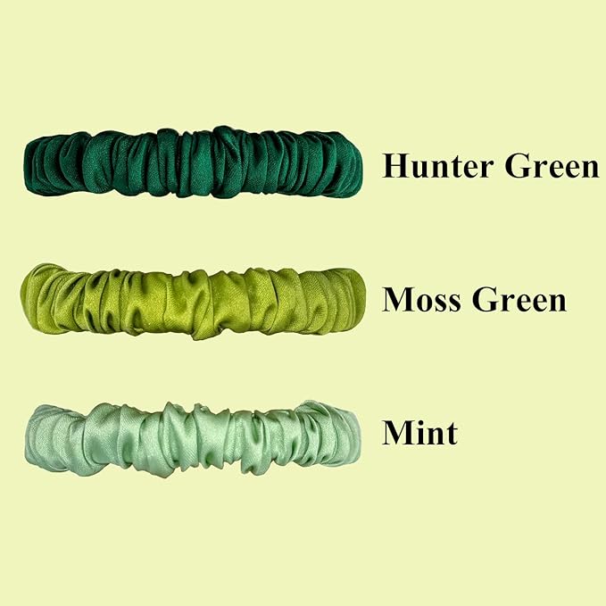 VLOMOT 3 Pcs Set 100% Pure Mulberry Silk Hair Scrunchies Hair Ties with 3 Chic Colors Everyday Skinny Scrunchies Silk Ponytail Holders Hair Care No Damage (Green)