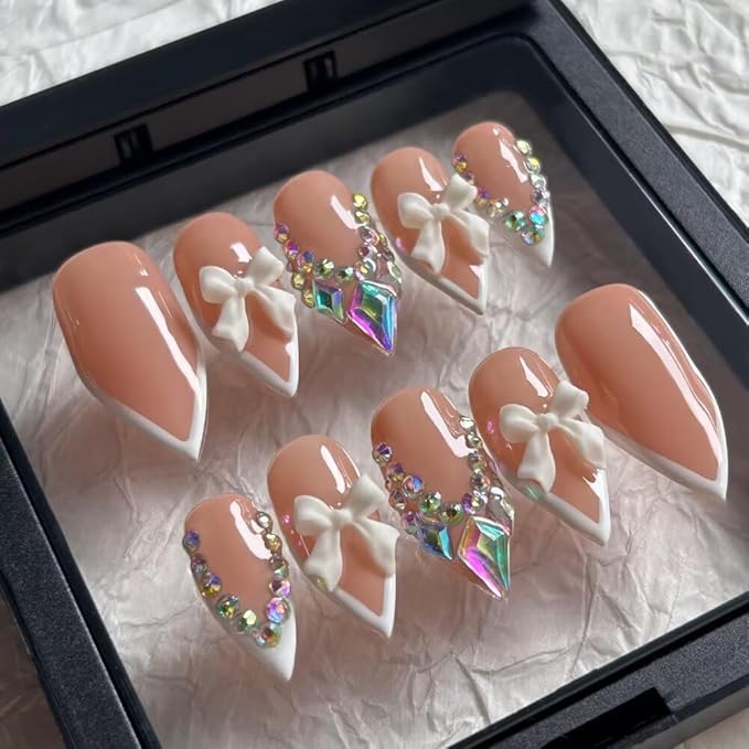 MAGLFELL Press on Nails Handmade Medium Length Almond Fake Nails, 3D French Salon Bow Design False Nails, 10 Pcs Reusable ABS Material Nail Tip Artificial Nails for Women (Size M)