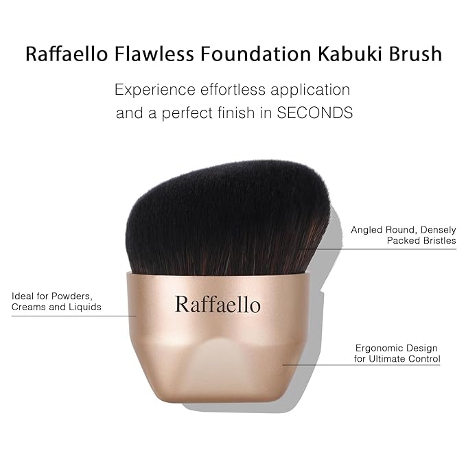 Raffaello Angled kabuki Foundation Brush: Fast, Flawless Foundation - Dense Soft Bristles for Streak-Free Liquid, Cream & Powder - Ergonomic Handle for Effortless Blending & Buffing (Champagne Gold)