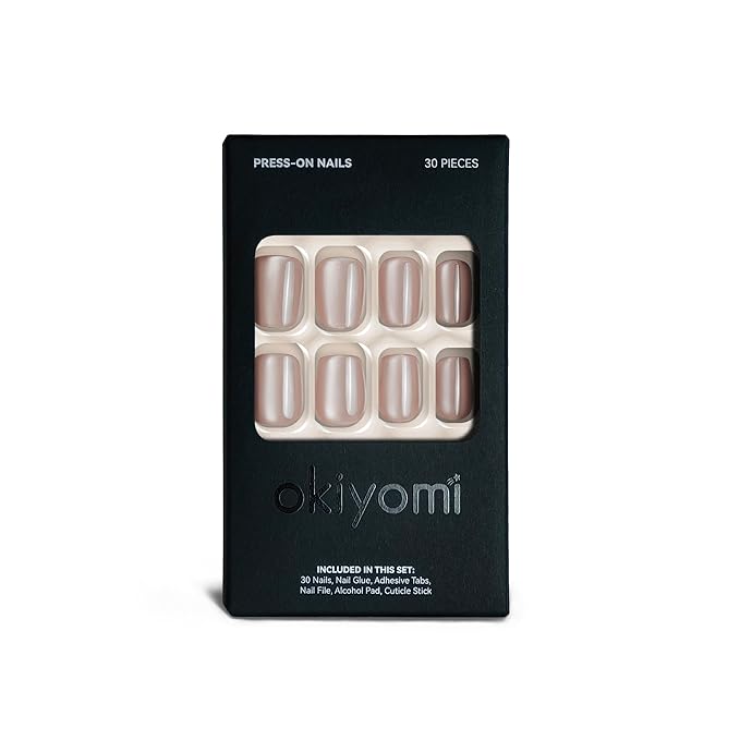 Okiyomi Nude Press on Nails - Pale Blush Nude Cat Eye Press on Nails | Magnetic Neutral Blush Shimmer - Short Ballerina Squoval Shape - 15 Sizes - 30 Soft Gel Fake Nails with Glue and Stick On Tabs