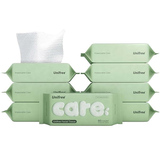 Unifree Facial Tissues I Dry Wipes I Makeup Remover, 8-pack Value Pack, 480 Count