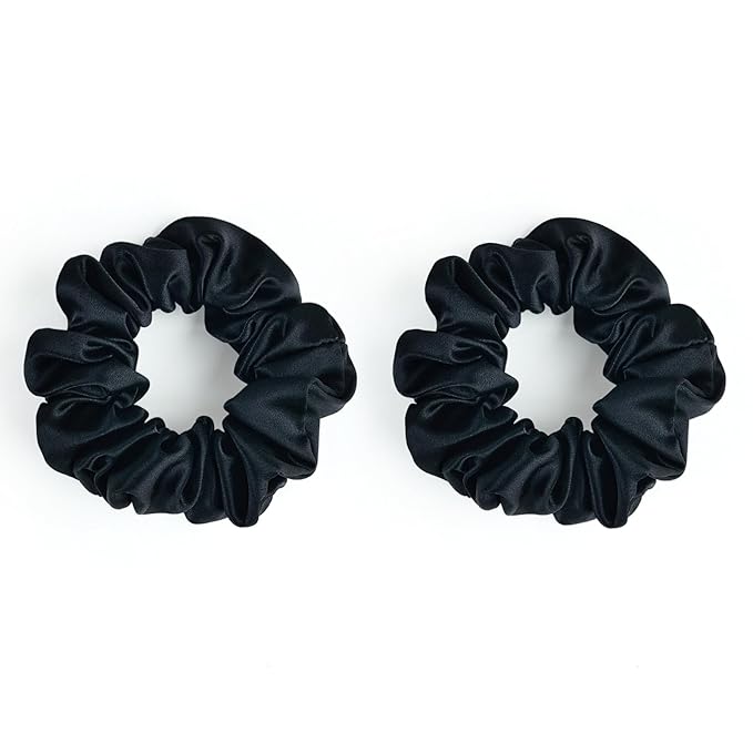 SILKLAB 22 Momme 100% Mulberry Silk Scrunchies (2 Pack, Black), Well-Hold Elastic for No-Damage, Soft Hair Ties, 6A Grade, OEKO-TEX Certified, Reduces Frizz & Breakage