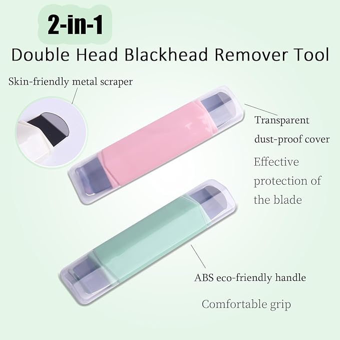 2 PCS Blackhead Remover Tool, Dual-Head Face Spatula & Pore Cleaner for Deep Facial Cleansing, Nose & T-Zone Scraper Skincare Tool for Men and Women (Pink+Green)