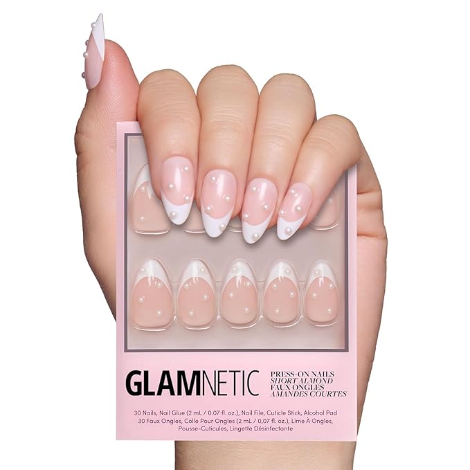 Glamnetic Press On Nails - French Pearl | Glossy, Short Almond French Tip Nails with 3D Accents, Salon Quality | 15 Sizes - 30 Nail Kit with Glue