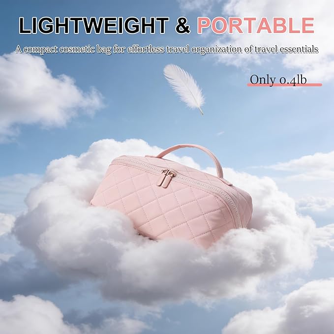 Travel Makeup Bag for Women - Puffy Padded Make Up Bags, Lay-Flat Water-Resistant Cosmetic Case, Large Capacity Cosmetic Bag for Travel Storage of Toiletries and Makeup Brushes (Pink)