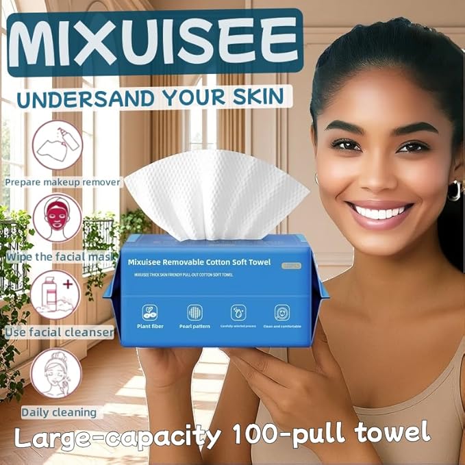 Disposable face towels, MIXUISEE thick and soft face towels. 100% pure cotton, super thick 130%. Suitable for makeup removal and cleansing, and applicable to sensitive skin. (100 pieces)