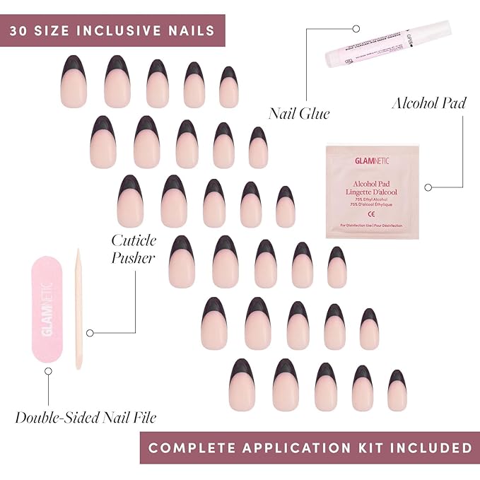 Glamnetic Press On Nails - Caviar | Semi-Transparent, Short Almond Nails, Salon Quality | 15 Sizes - 30 Nail Kit with Glue