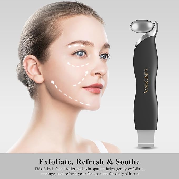 Vangines Blackhead Scraper Tool & Skin Scrubber Face Spatula for Blackhead Removal, Pore Cleaning, with Cooling Ice Roller & 2 Silicone Brush Heads (Charcoal Black)